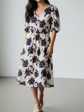 Draper James Cream Midi Dress with Navy Floral Print